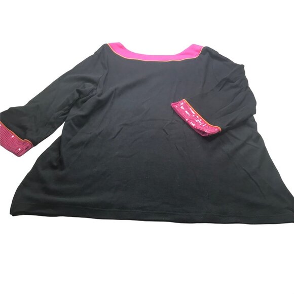 Quaker Factory Women's 1X Top Black Pink Sequins Trim 3/4 Sleeve Preowned - Picture 2 of 11
